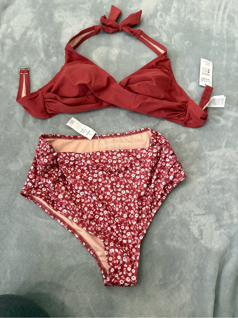 Cupshe Red Twist Halter Bikini Top with High-Rise Floral Bottoms
